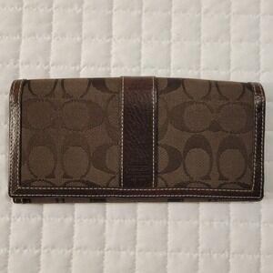 VTG Coach Chocolate Brown Signature C Jacquard Logo Canvas Leather Wallet Clutch
